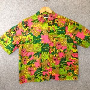 Hawaiian Camp Shirt Womens L Green Sequin Hibiscus Aloha Button Up Resort FAITH
